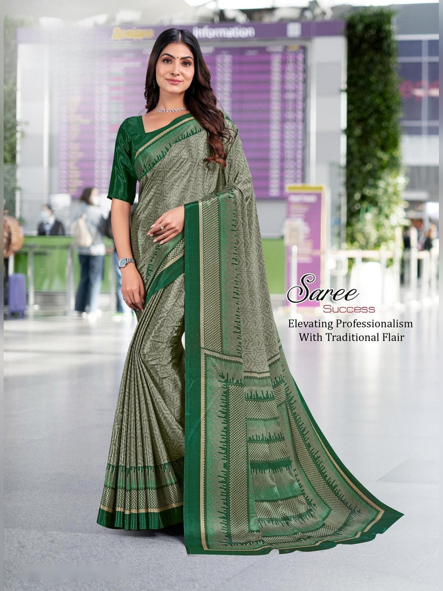 Women's Trishika Silk Uniform Saree – Grey & Green - Front