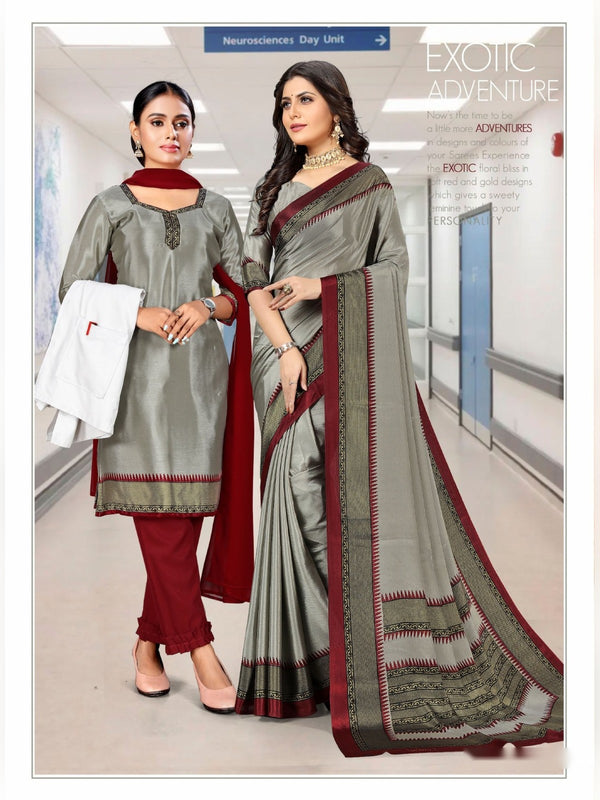 Trishika Silk uniform saree Grey Maroon D.No 8109