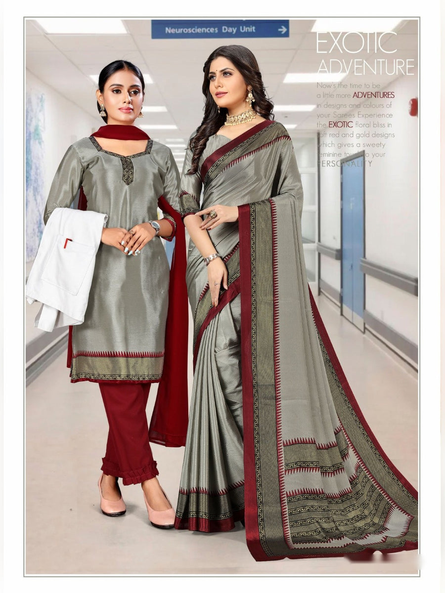 Women's Trishika Silk Uniform Saree & Suit – Grey & Maroon - Front
