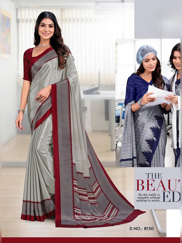 Trishika Silk uniform saree Grey Maroon D.No 8130
