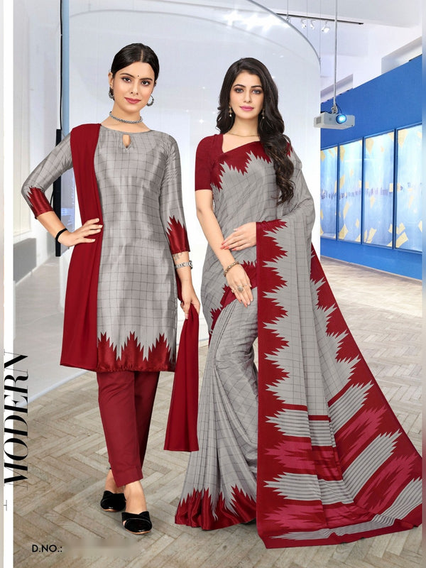 Trishika Silk uniform saree Grey Maroon Temple D.No 7002