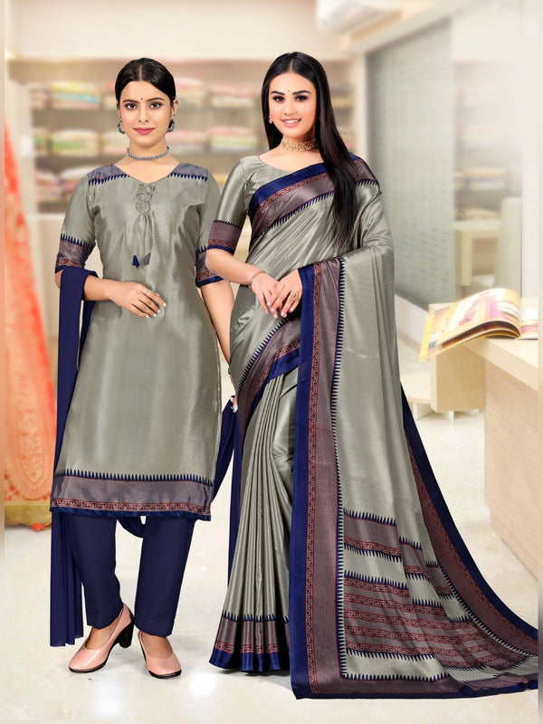 Trishika Silk uniform saree Grey Navy D.No 8110