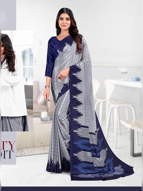 Trishika Silk uniform saree Grey Navy D.No 8131