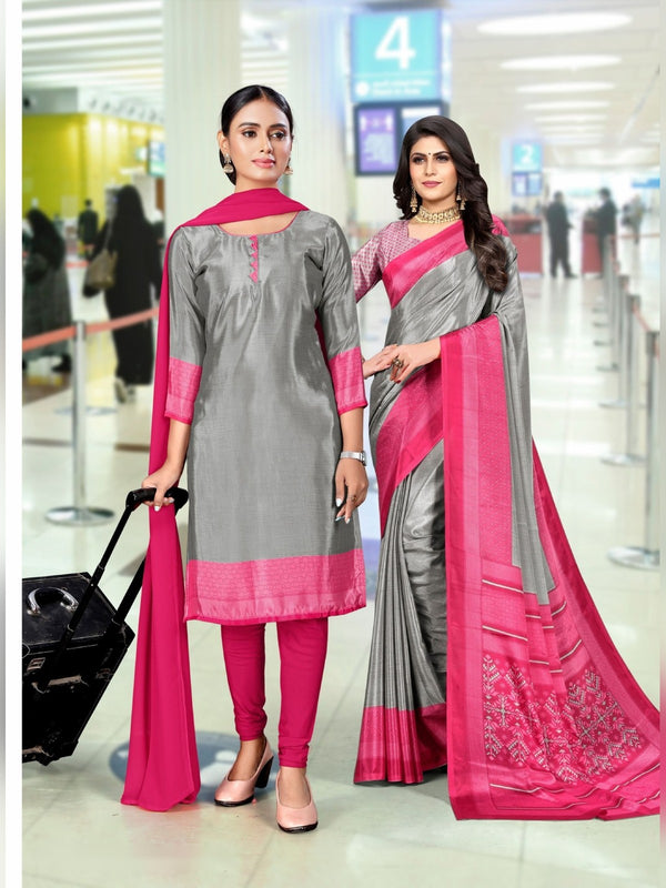 Trishika Silk uniform saree Grey Pink D.No 8104