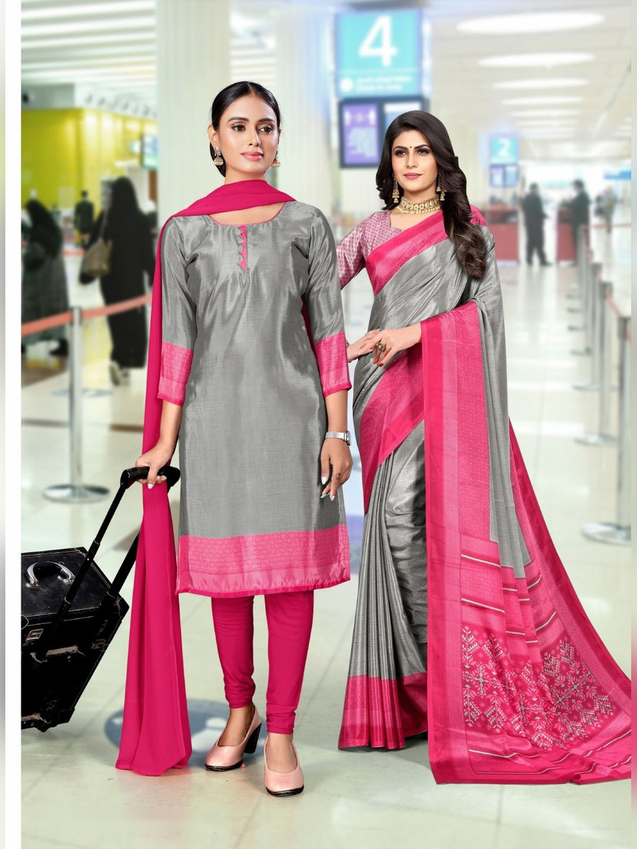 Women's Trishika Silk Uniform Saree & Suit – Grey & Pink - Front