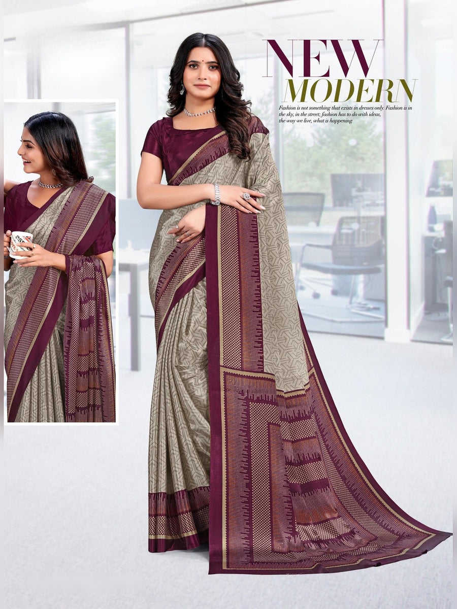 Women's Trishika Silk Uniform Saree – Grey & Wine - Front