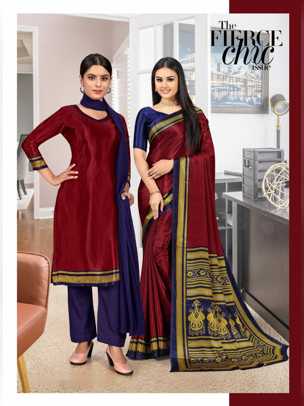 Trishika Silk uniform saree Maroon Navy D.No 8102