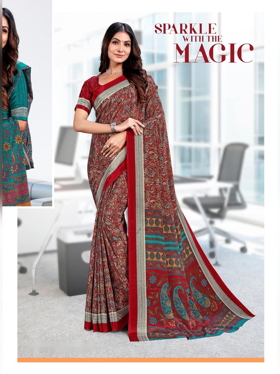 Women's Trishika Silk Uniform Saree – Maroon Paisley - Front