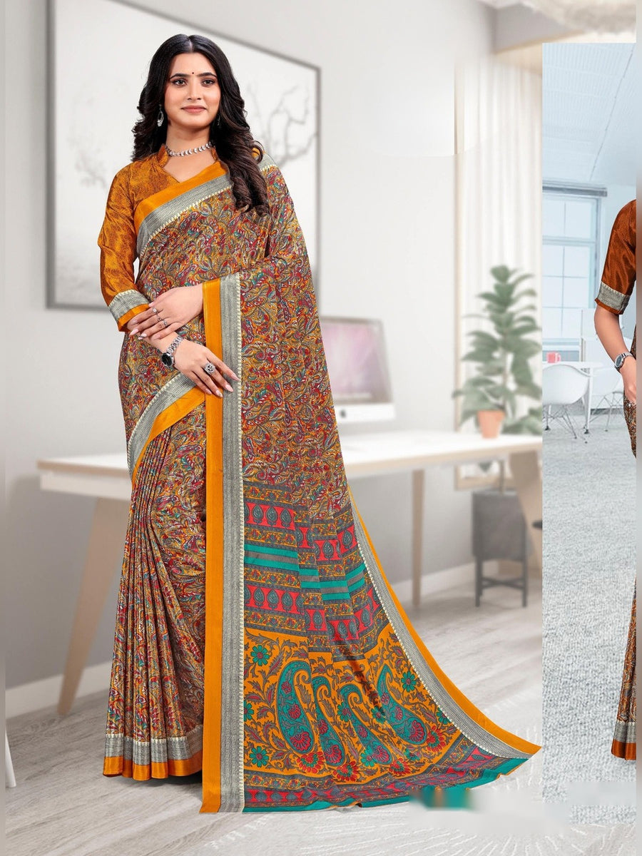 Women's Trishika Silk Uniform Saree – Mustard & Brown Paisley - Front