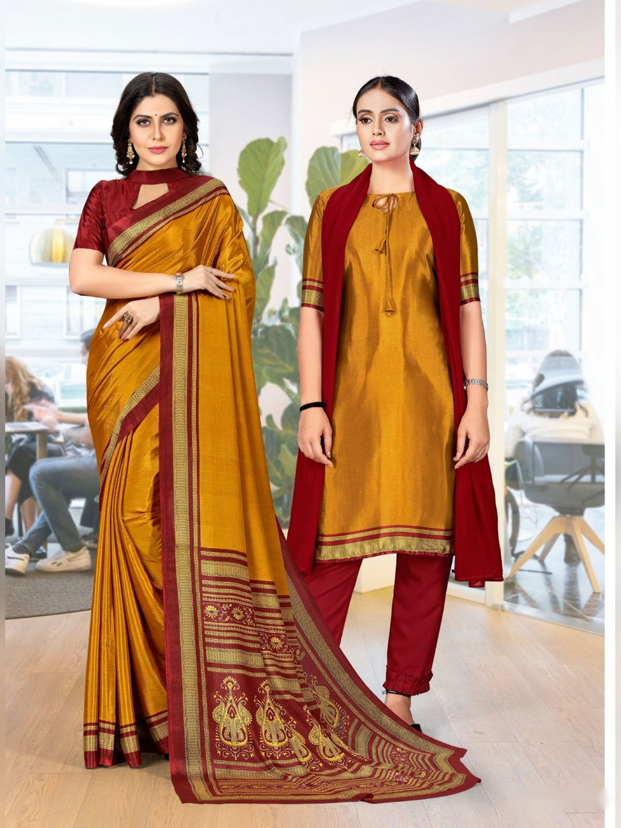 Women's Trishika Silk Uniform Saree & Suit – Mustard Gold & Maroon - Front