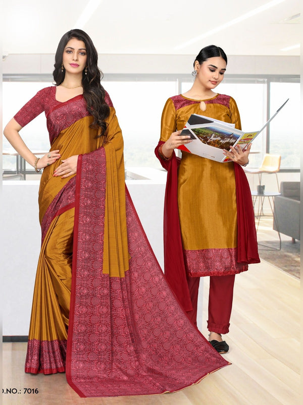 Trishika Silk uniform saree Mustard Maroon D.No 7016