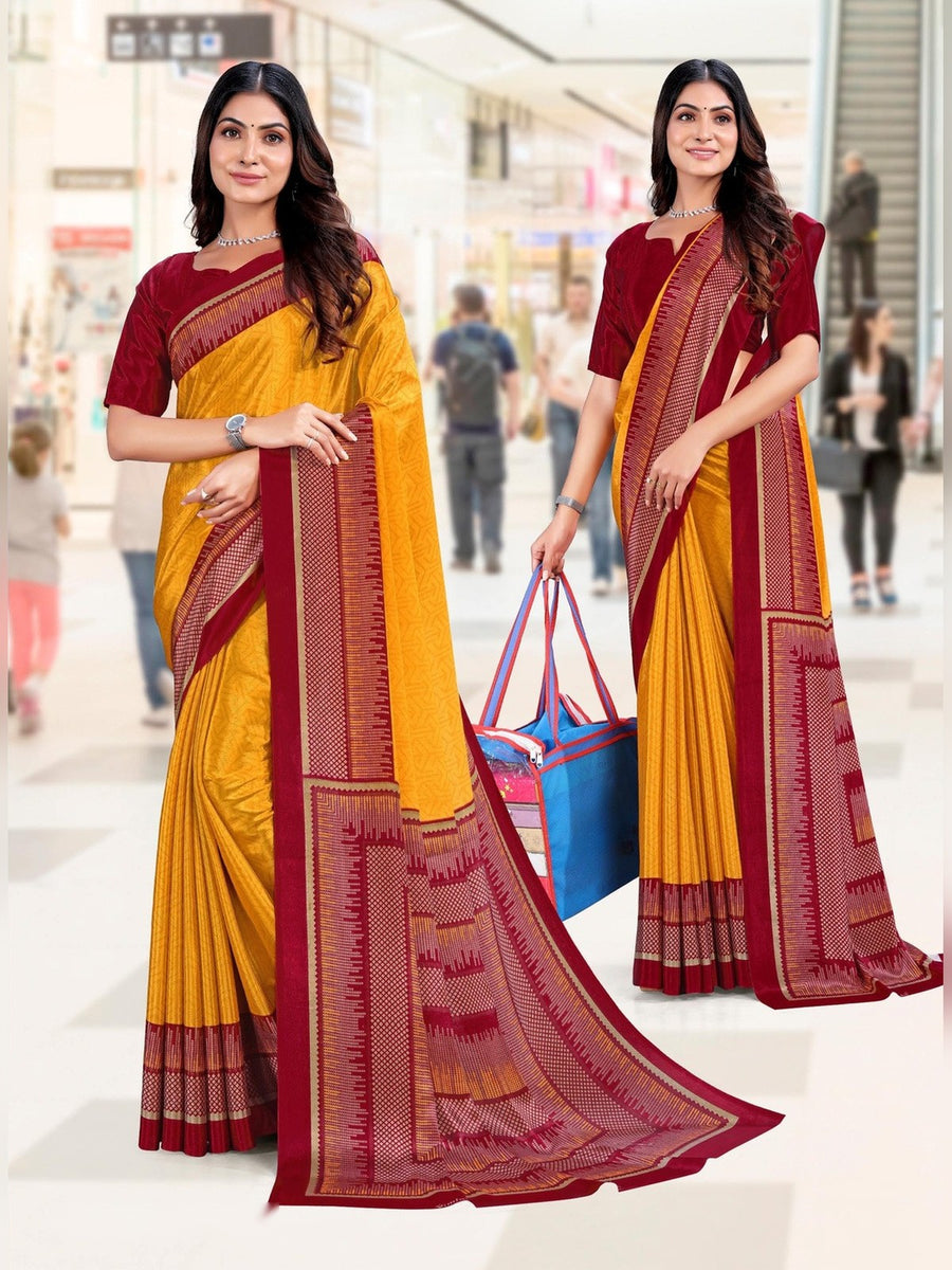 Women's Trishika Silk Uniform Saree – Mustard & Maroon - Front