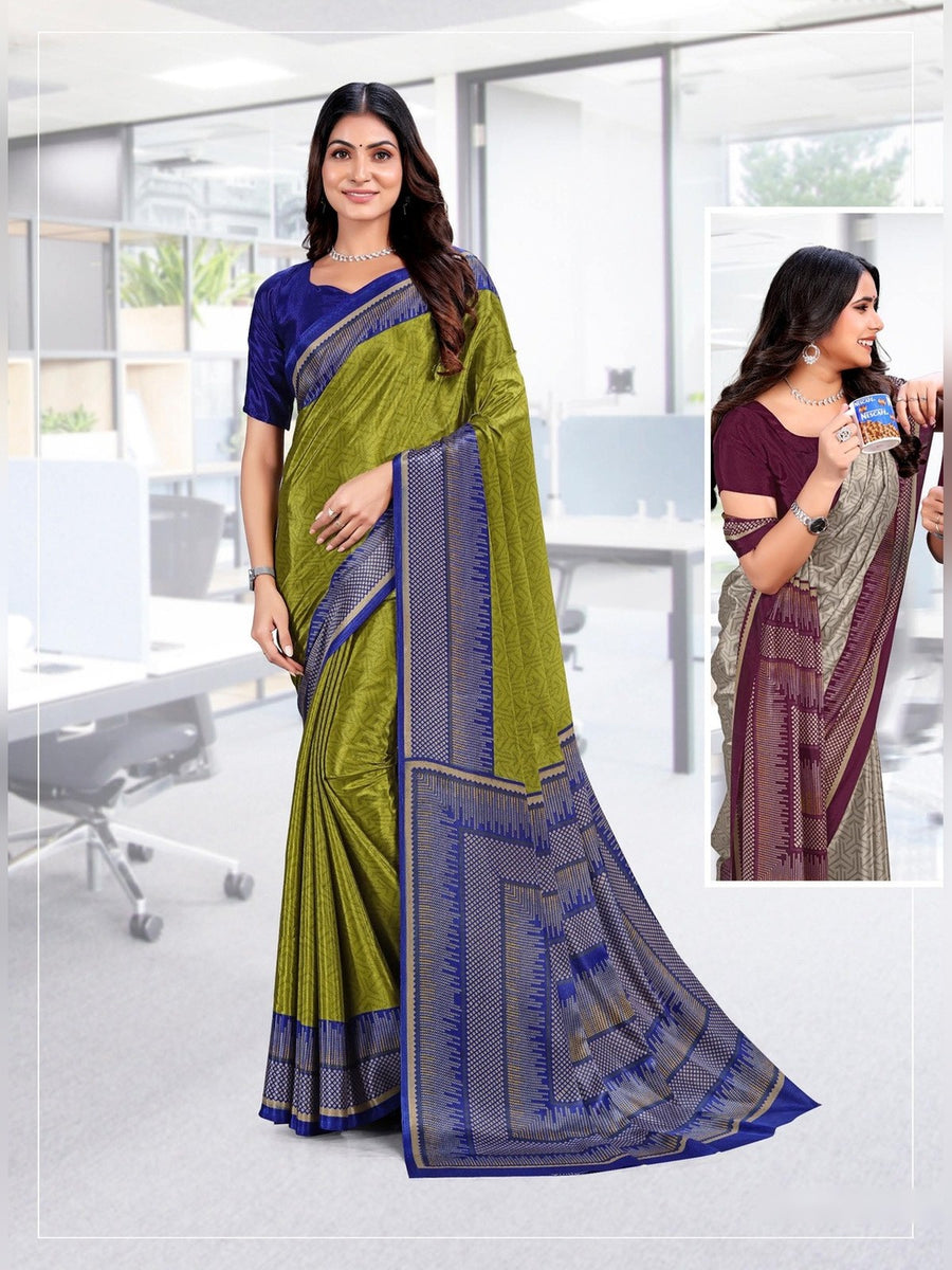 Women's Trishika Silk Uniform Saree – Olive & Navy - Front