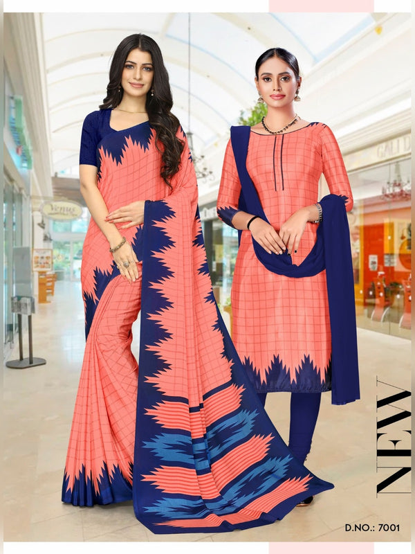 Trishika Silk uniform saree Peach Navy D.No 7001