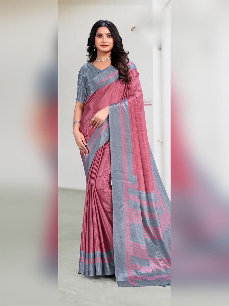 Women's Trishika Silk Uniform Saree – Pink & Grey - Front