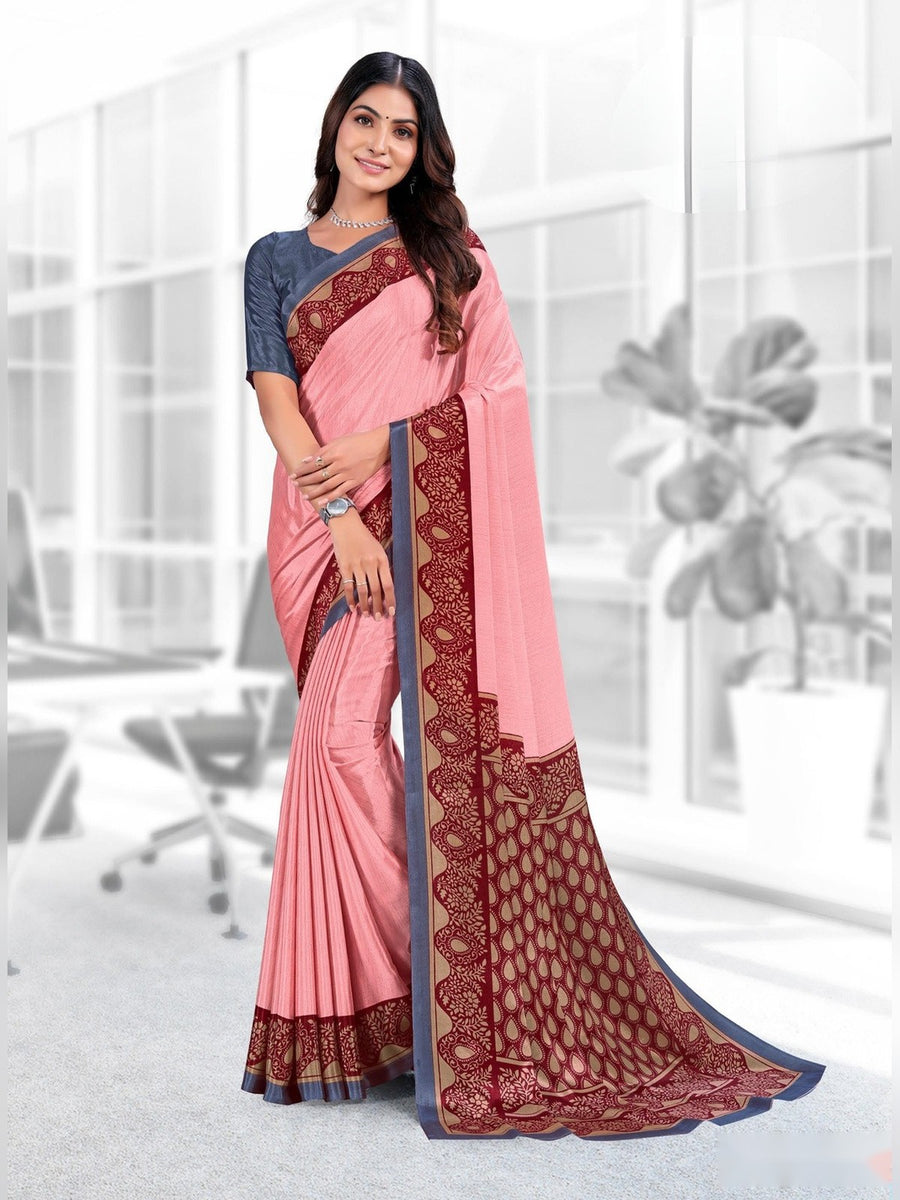 Women's Trishika Silk Uniform Saree – Pink & Maroon - Front