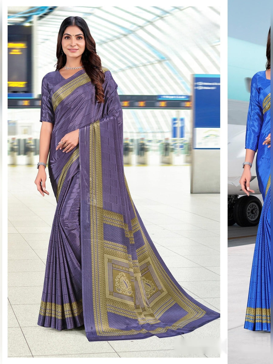 Women's Trishika Silk Uniform Saree – Purple & Mustard - Front