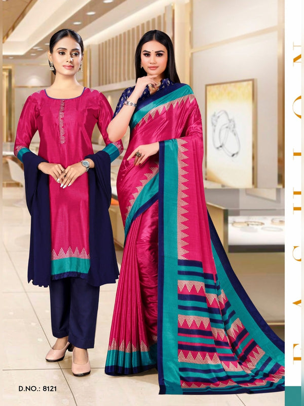 Trishika Silk uniform saree Rani Pink Navy D.No 8121