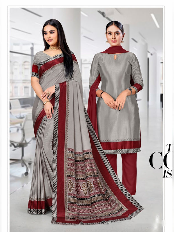Trishika Silk uniform saree Silver Grey Maroon D.No 8119