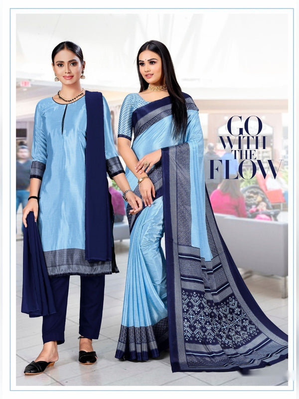 Trishika Silk uniform saree Sky Blue Navy D.No 8103