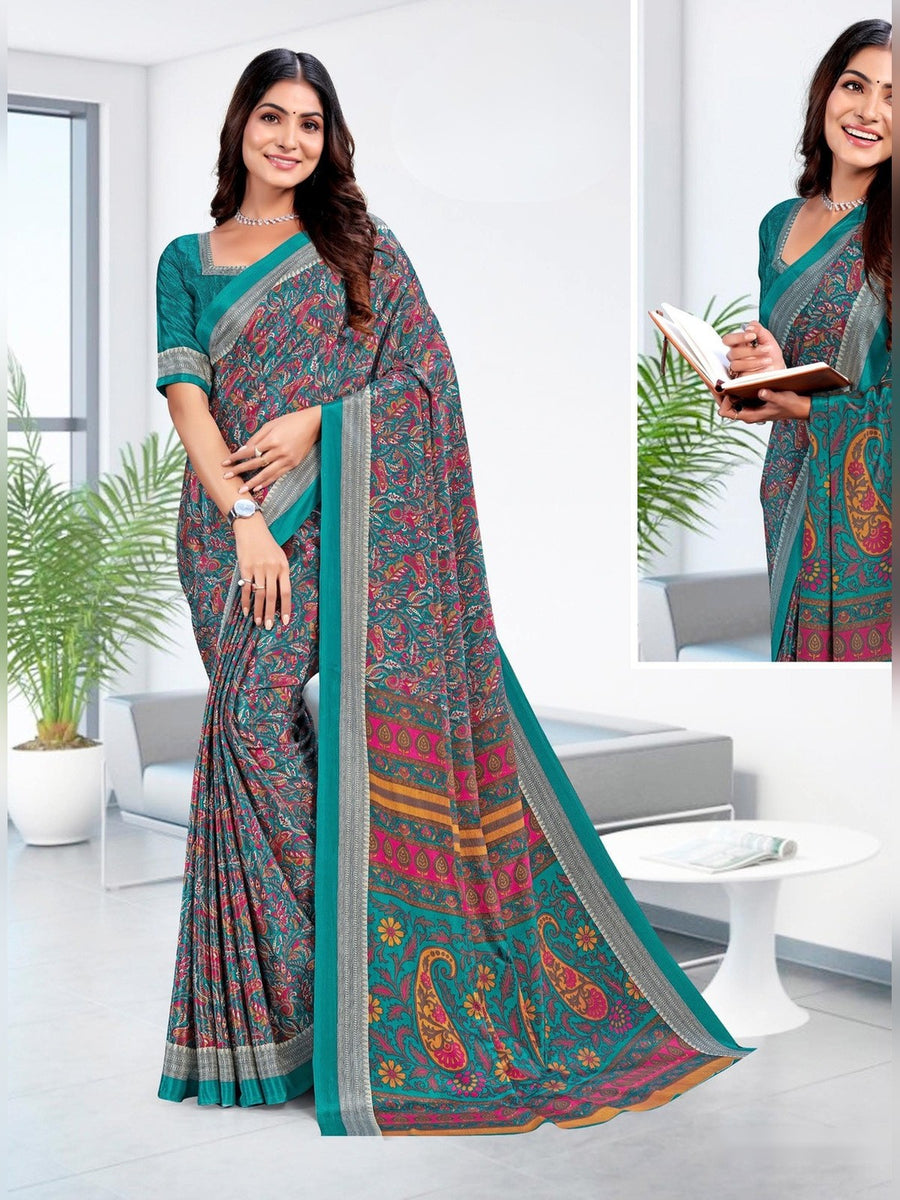 Women's Trishika Silk Uniform Saree – Teal & Maroon Paisley - Front