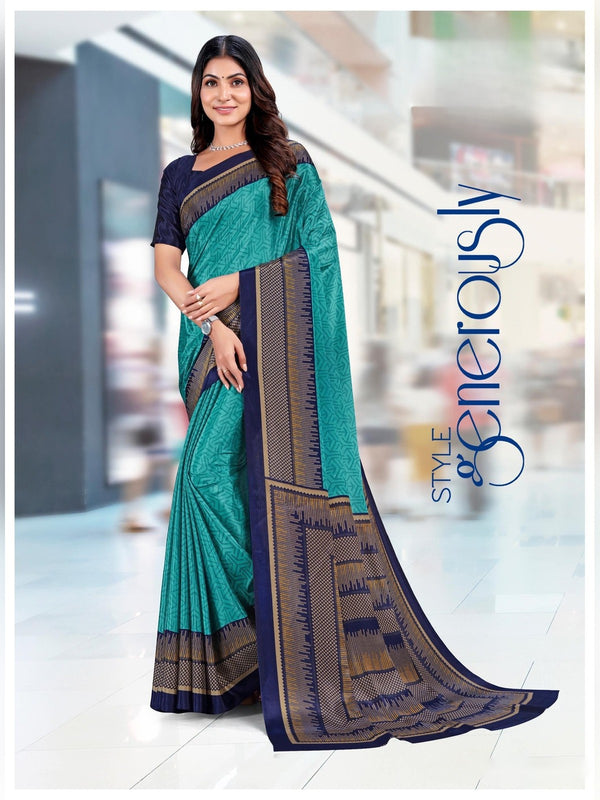 Trishika Silk uniform saree Teal Navy D.No 8140