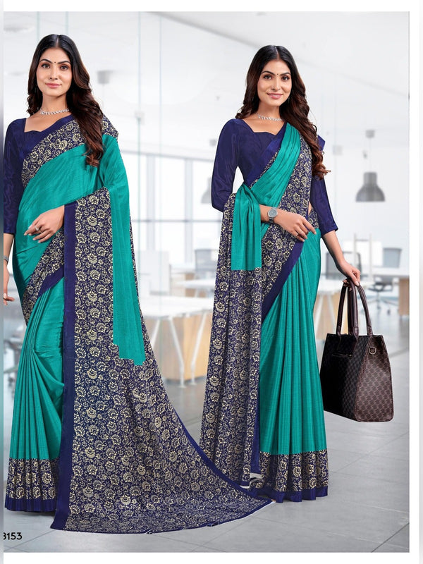 Trishika Silk uniform saree Teal Navy Floral D.No 8153