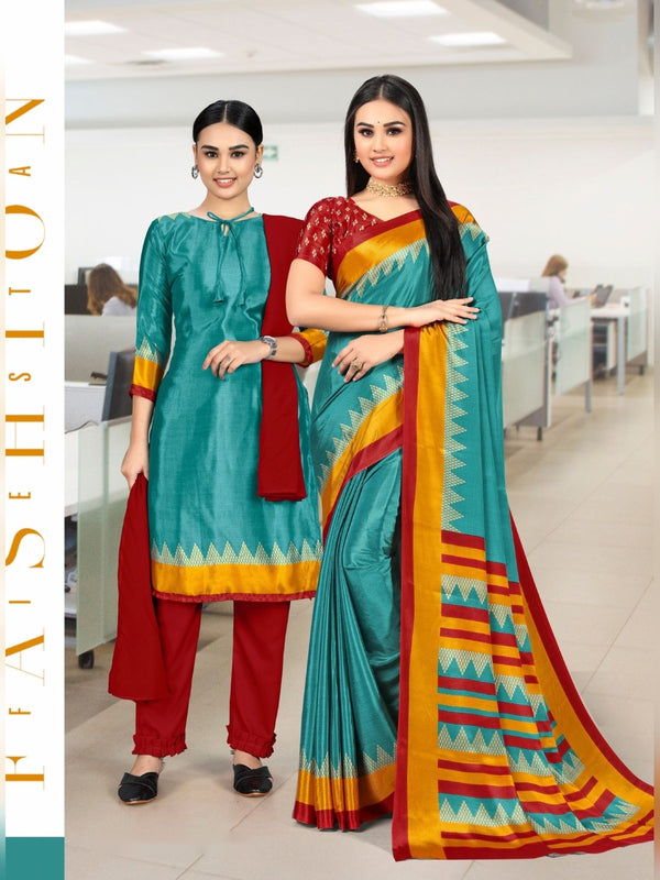Trishika Silk uniform saree Turquoise Red D.No 8122