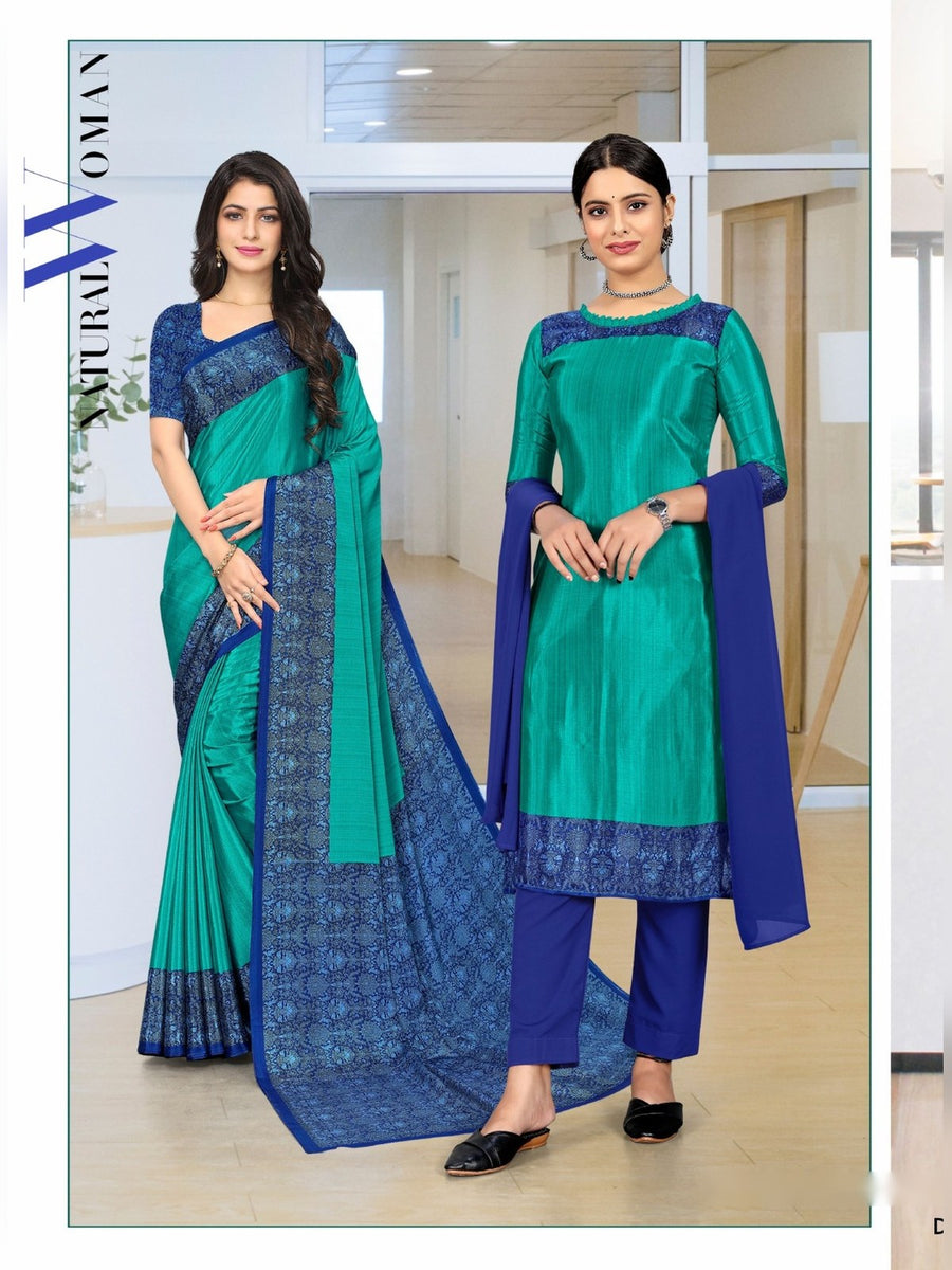 Women's Trishika Silk Uniform Saree & Suit – Turquoise & Royal Blue - Front