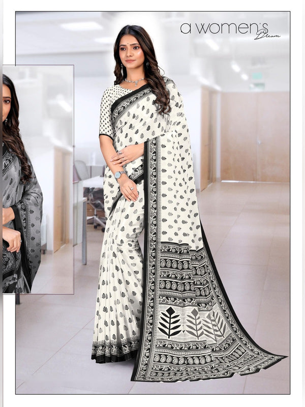 Trishika Silk uniform saree White Black D.No 8147