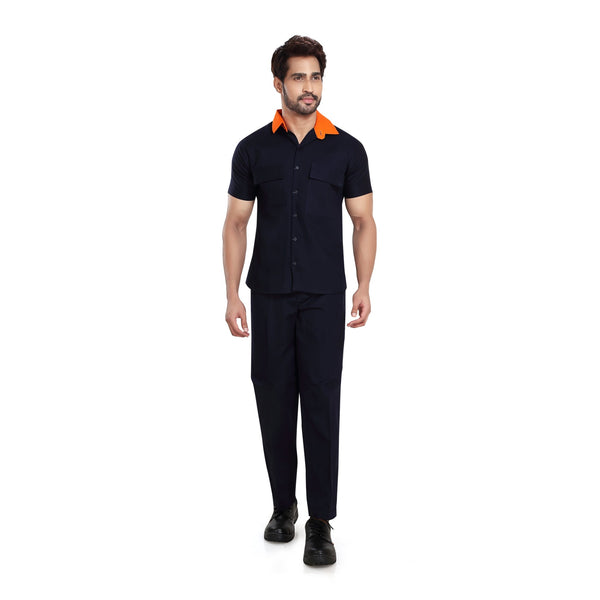 Navy worker uniform with orange collar