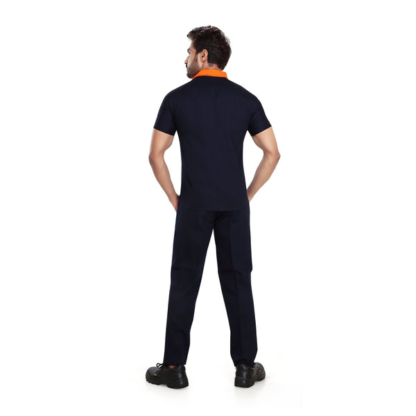 Navy worker uniform with orange collar
